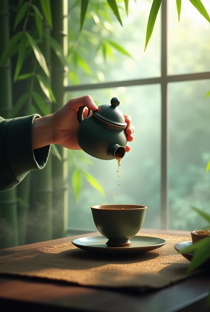 The window is foggy,,Bamboo Indoor,A perfect one,The hand with five distinct fingers holds the teapot,Prepare to pour tea into an empty cup,Very detailed,HD,Clear details