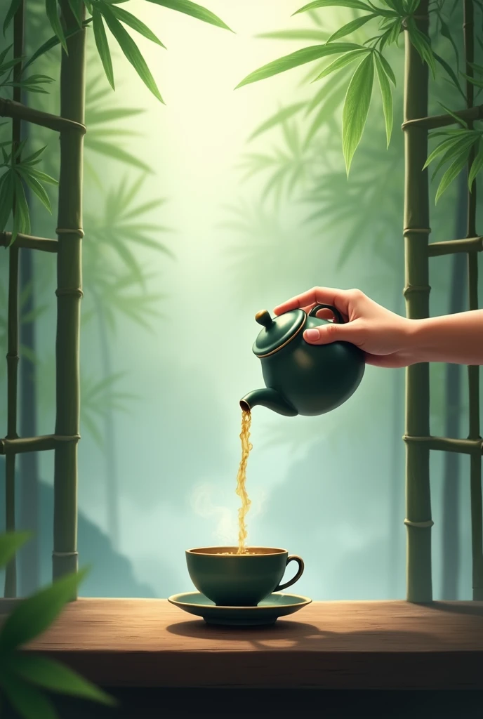 The window is foggy,，Bamboo Indoor，A perfect one，The hand with five distinct fingers holds the teapot，Prepare to pour tea into an empty cup，Very detailed，HD，Clear details

