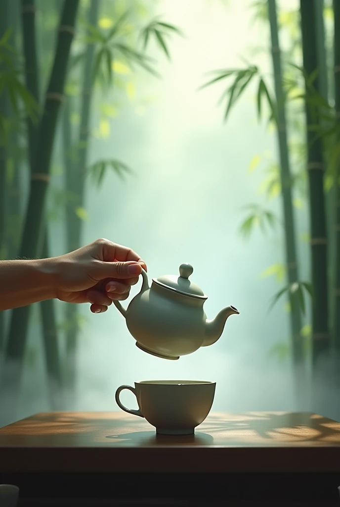 The window is foggy,,Bamboo Indoor,A perfect one,The hand with five distinct fingers holds the teapot,Prepare to pour tea into an empty cup,Very detailed,HD,Clear details