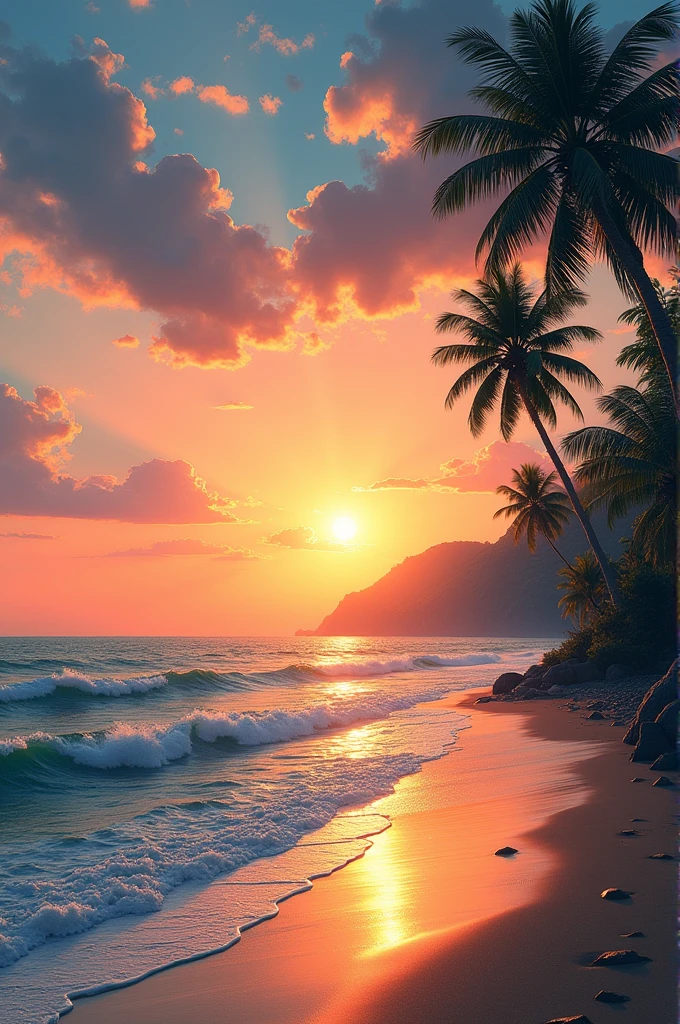 wallpaper. sunset. sea. palmtrees. wawes. japan