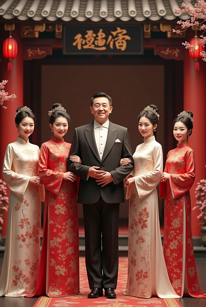 Art wedding man and girls,the baground is shanghai house and wearing chiongsam and tradisional chinese dress