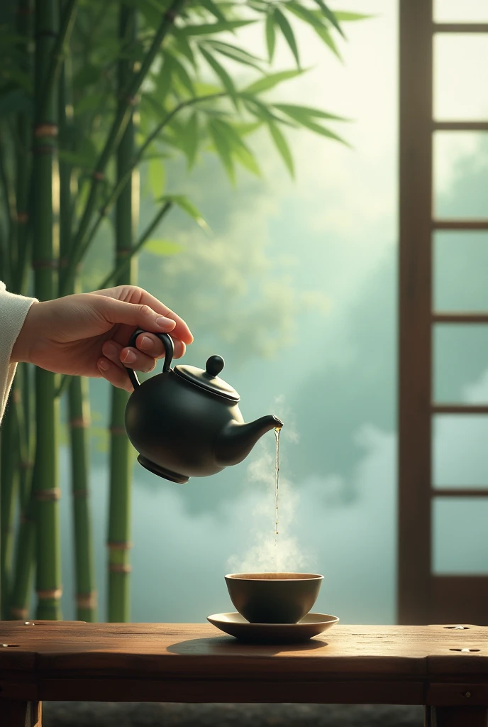 The window is foggy,，Bamboo Indoor，A perfect one，The hand with five distinct fingers holds the teapot，Prepare to pour tea into an empty cup，Very detailed，HD，Clear details
