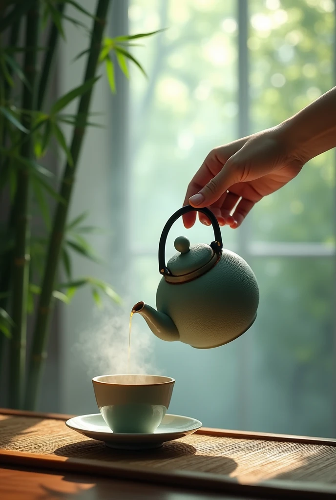 The window is foggy,,Bamboo Indoor,A perfect one,The hand with five distinct fingers holds the teapot,Prepare to pour tea into an empty cup,Very detailed,HD,Clear details
