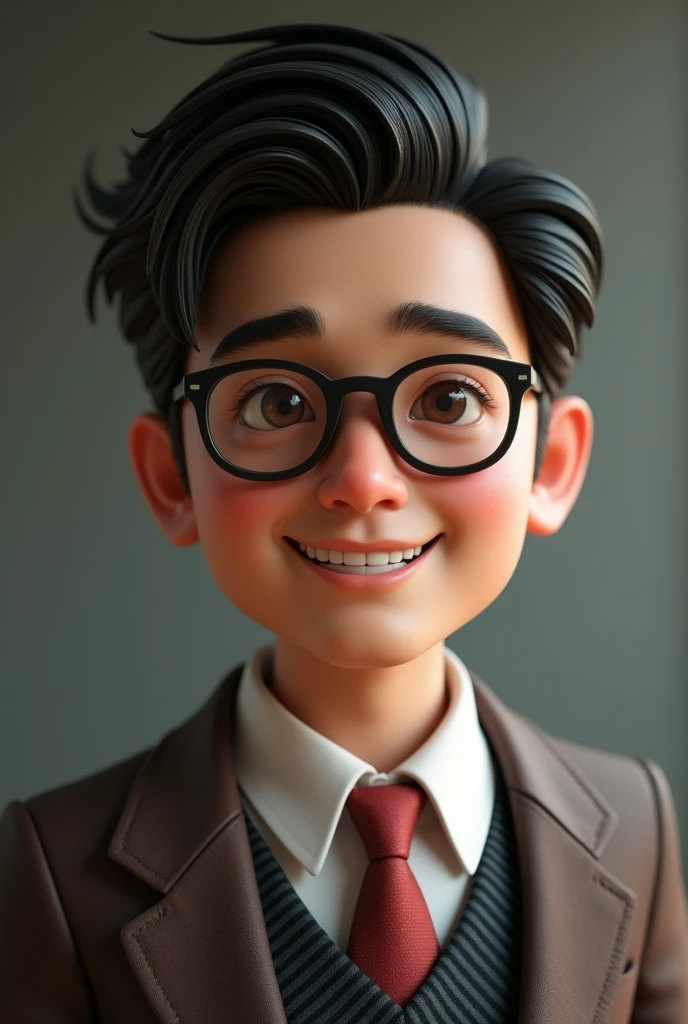 Male teacher with glasses, asian, brown eyes,perfect eyes, black hair, lean and sharp features with a vintage and rich style as well as light tanned skin, and 5ft 9 And is 2, 3d render