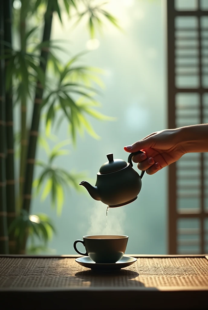 The window is foggy,，Bamboo Indoor，A perfect one，The hand with five distinct fingers holds the teapot，Prepare to pour tea into an empty cup，Very detailed，HD，Clear details
