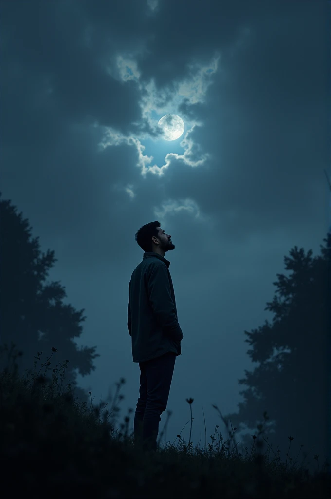 Man staring at night cloudy sky