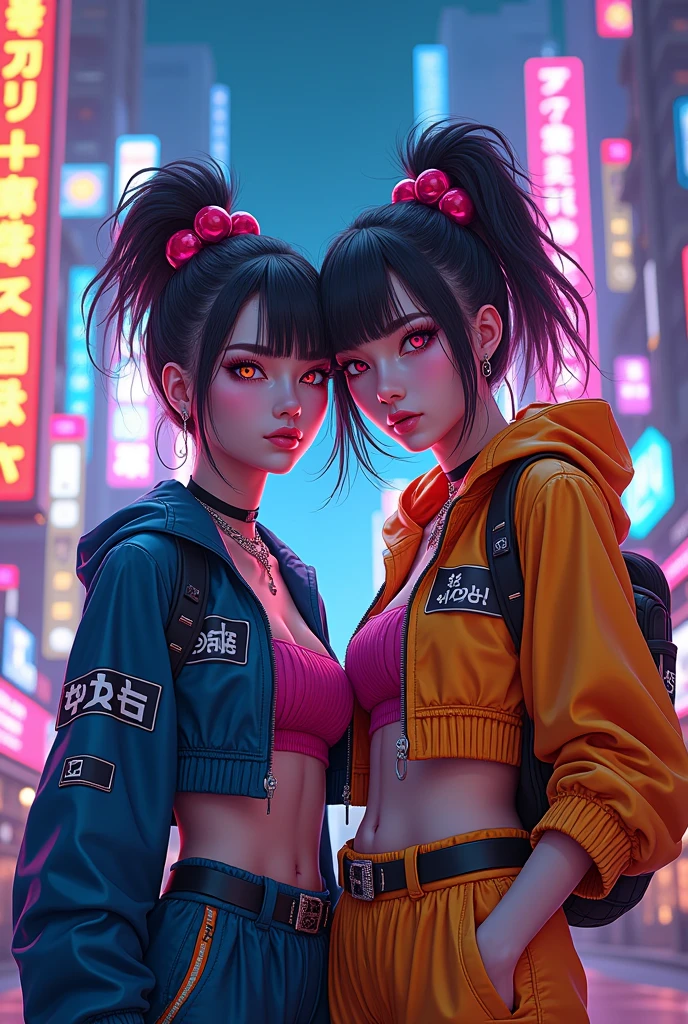 masterpiece, Highest quality, Two confident cyberpunk girls, Harajuku Cyberpunk Costume, Bold colors and patterns, Eye-catching accessories, Trendy and innovative hairstyles, Vibrant makeup, Dazzling cyberpunk cityscape, skyscraper, Neon Signs, LED Light, Bright and vivid color scheme, anime, figure, Detailed skin texture, Detailed cloth texture, Beautifully detailed face, Intricate details, Super detailed.
