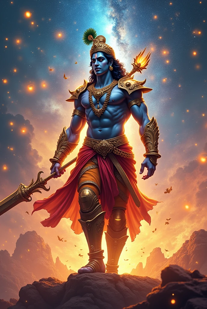 Cool graphic design poster art of Lord krishna as warrior on battlefield, glowing fireflies, vibrant, courage, galaxy and space depicted in background 