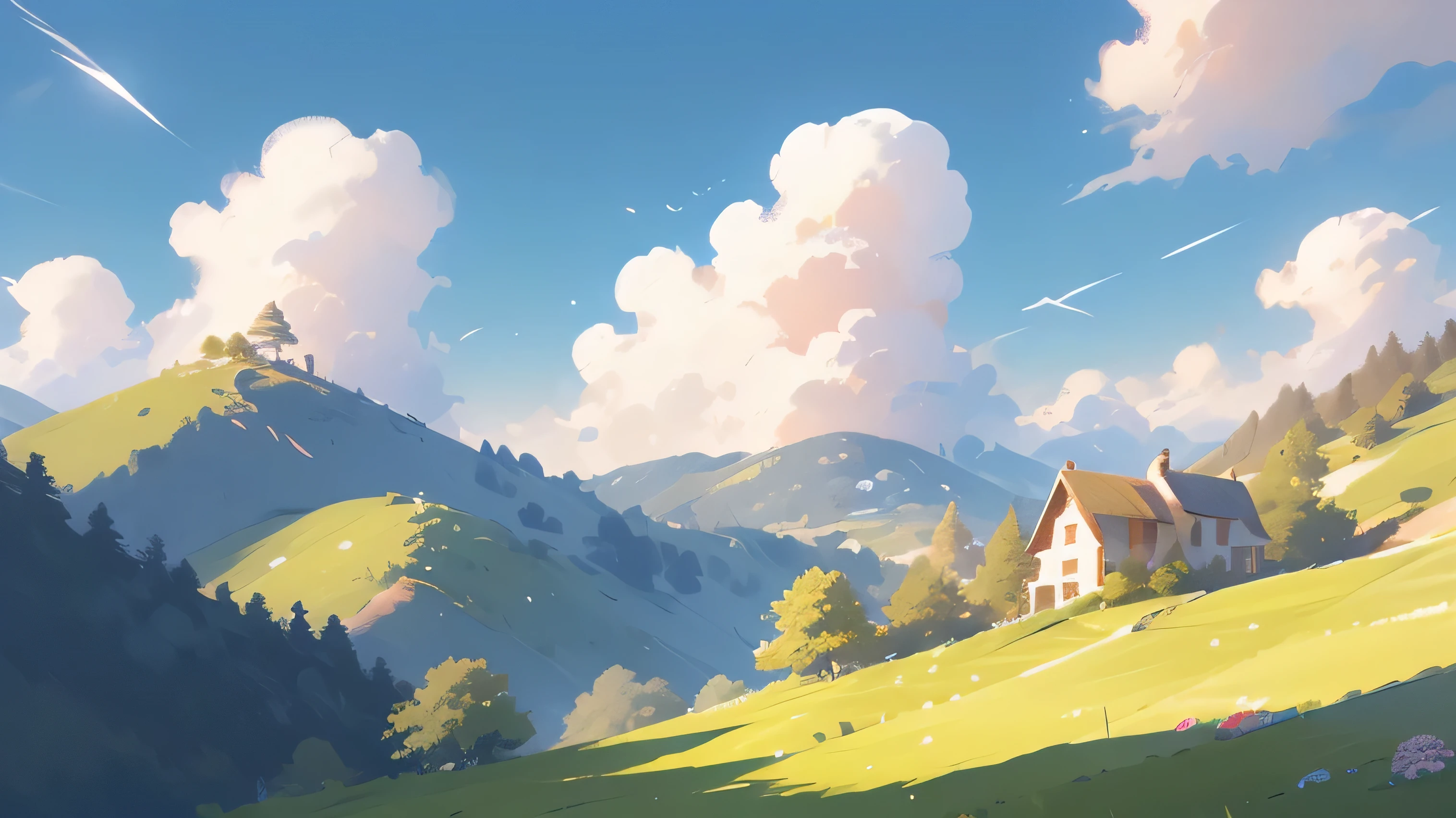 hillside,Clear skies,Sunlight,Small fresh,A beautiful artistic illustration, 2D 插圖, 2D 插圖