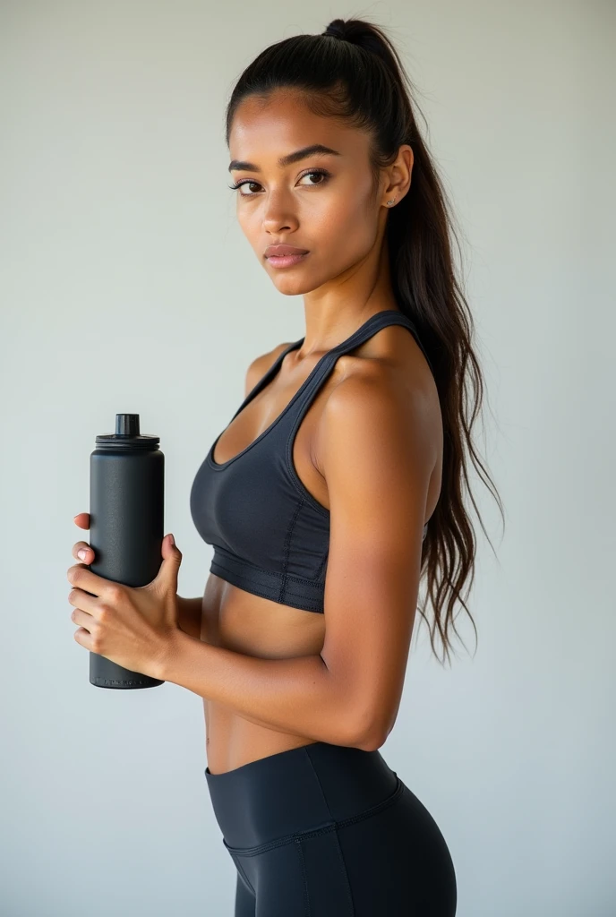 Beatiful woman holding a water bottle and ready to go to her sport seance