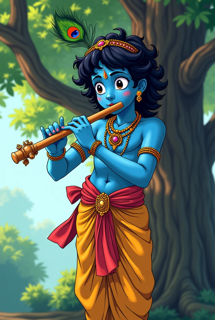 Krishna Playing the Flute (Anime Style):
"Anime-style Lord Krishna, in a yellow dhoti with a peacock feather, playing a flute under a tree."