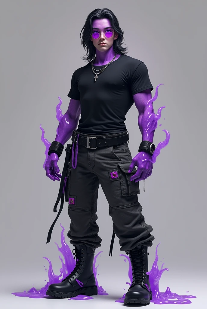 A young adult with purple eyes, with slightly long hair, your body is wide, and wears black clothes with purple details.
badass clothing: t - shirt, cargo pants, combat boots.
He is actually a slime in his humanoid form..