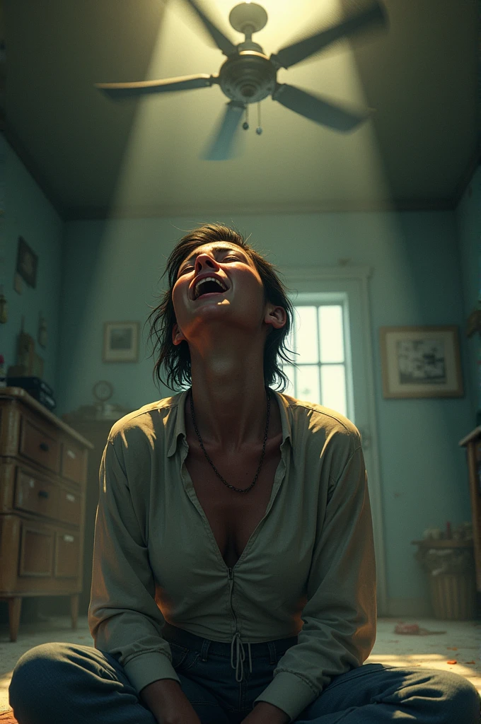A fan turned off in a hot room, with the person sweating and struggling to breathe, symbolizing the lack of relief and hope.