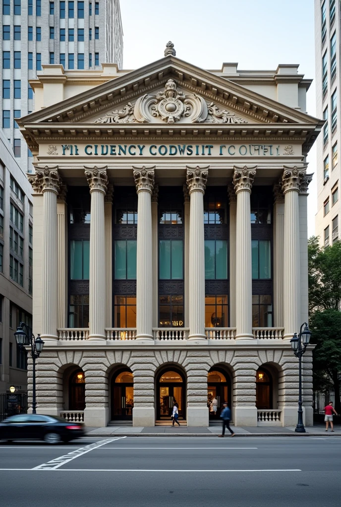 Photograph of a Financial Bank with a sign (lending community) in the USA