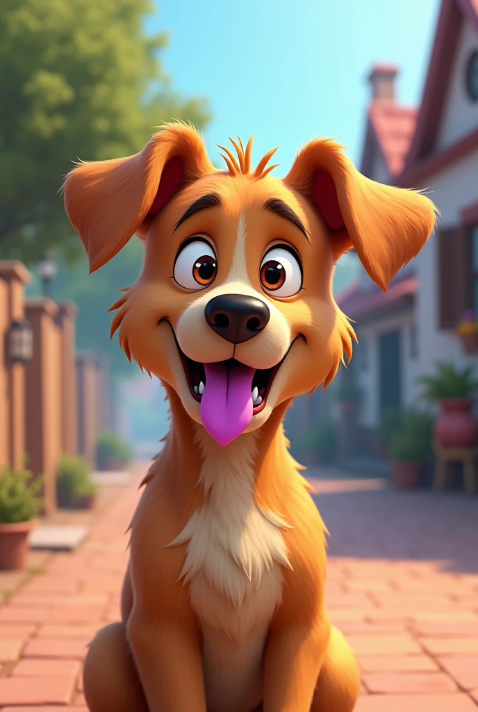 Create a Disney animation with a dog with a confused expression showing a purple tongue