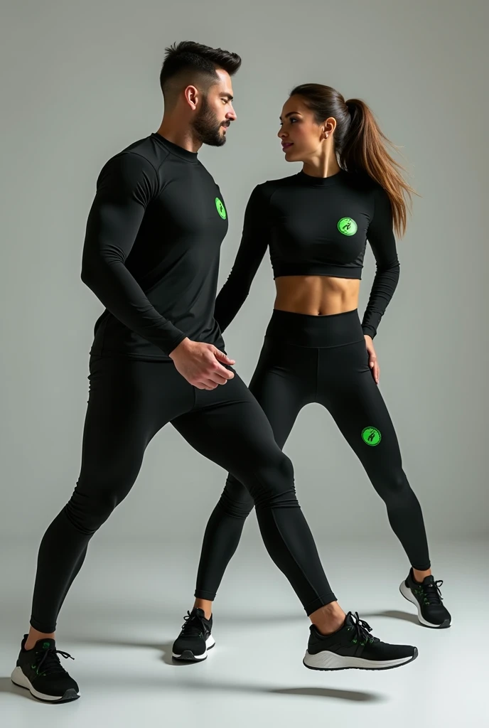 General image of a man and woman wearing black long-sleeved sports outfits and leggings with a lemon green logo H