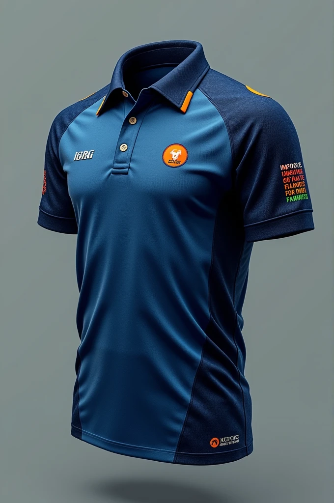 Design a blue polo shirt with a navy blue pattern and a logo on the front of the shirt. And on the left sleeve there is the message ICPG in green, orange and red. On the back of the shirt there is a small message. “Improved quality of life for farmers” Orange, green, red,.