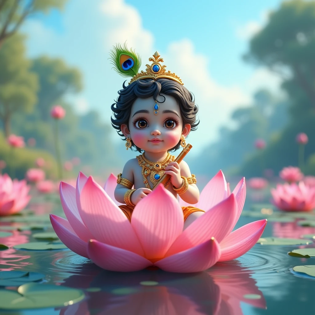 Realistic image of Lord krishna as a 2 year old boy sitting on a pink lotus in a pond, various other pink lotuses seen in the pond, bright blue sky, wearing a golden crown with a peacock feather in it, and holding a flute in his hand , bright and beautiful image, normal human face and normal human eyes, no animated eyes to be seen,create high quality realistic image, beautiful Landscape, eyes facing straight at the camera, image should ultra clear, hyper realistic, high quality 4k