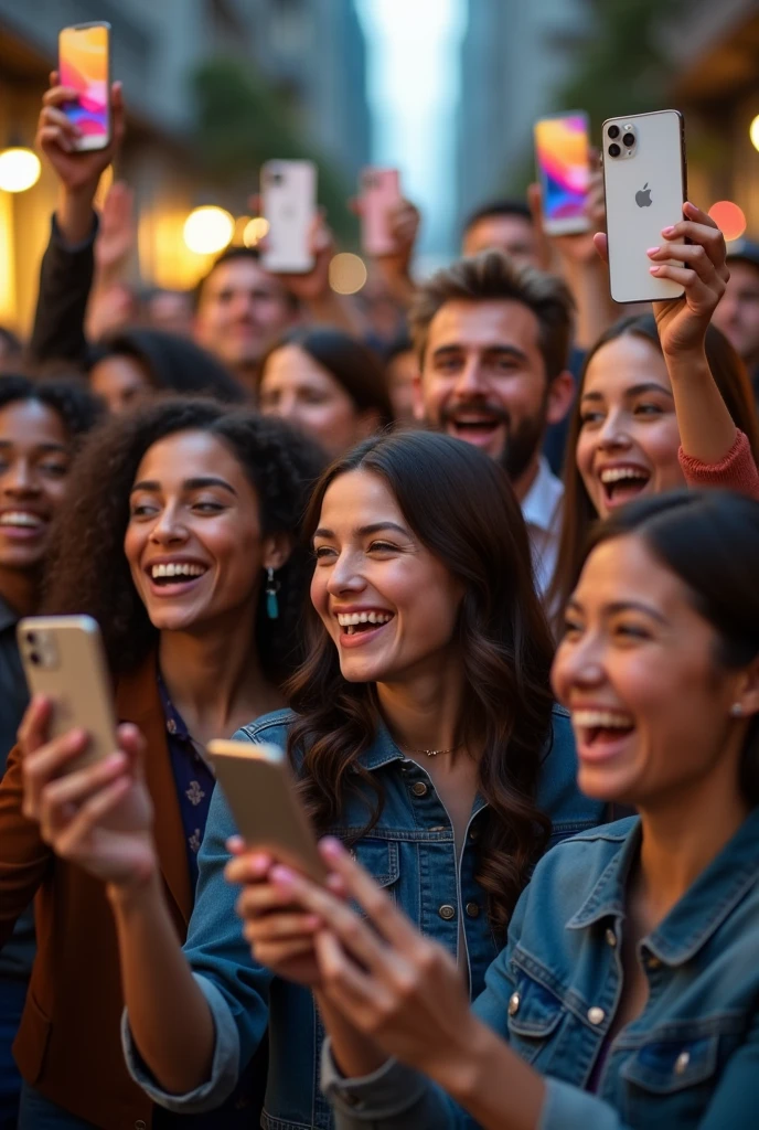 A group of people holding their iPhones up in a celebratory manner, as if they’re part of an exclusive club. The image should feel lively and inclusive, with a diverse group of people smiling and connecting through their devices.