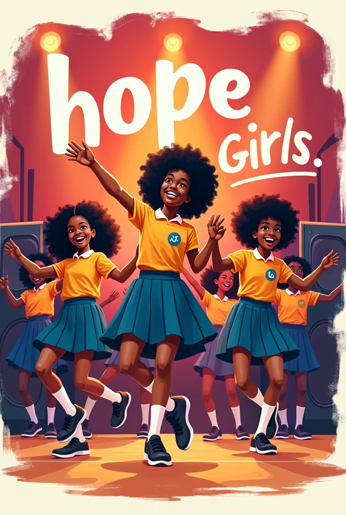 Logo written "HOPE GIRLS DO DANCE" with picture oof black girls dancing and speakers with school uniforms