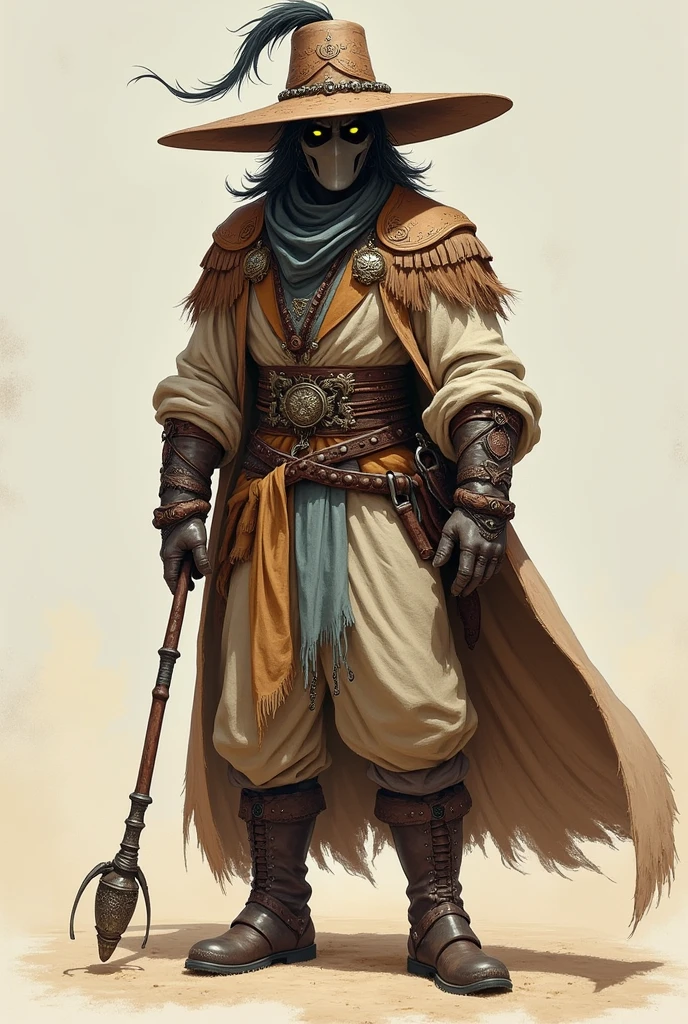 Captain Dry Wind is an imposing and enigmatic figure, whose appearance reflects both his power over the weather and his status as a feared bandit. Its appearance is carefully crafted to convey an aura of mystery and dominance over the arid environment of the backlands..
He wears a wide-brimmed leather hat, but with a different style: the hat is covered with symbols representing wind and drought, like spiral and ray patterns. The flaps are adorned with feathers and small metal chains that move in the breeze., creating a subtle and unsettling sound.
His clothing consists of a long tunic made of resistant leather., dyed in desert shades of beige and brown, with light blue details that evoke the sky and the wind. The tunic is decorated with embroidery that imitates the shapes of storms and dry clouds.. under, he wears a light cotton shirt and loose pants, suitable for intense heat and agile movement.
no belt, he carries a number of amulets and talismans that, supposedly, help you control the weather. His belt is wide and sturdy, made of dark leather, with ornate buckles that appear to absorb the light. Nas pernas, he wears reinforced leather boots, designed to withstand the harsh conditions of the backlands, with soles specially designed to ensure stability on arid terrain.
Captain Dry Wind is known for his leather gloves, which are not only a protection, but also a symbol of his control over the elements. They are decorated with ancient symbols and seem to glow with a glow of their own., suggesting a magical connection with the weather.
His face is partially hidden by a mask or bandana that covers the lower part of his face., leaving only his piercing and intense eyes visible, that reflect the dryness and the desert. Your eyes have an icy glow, as if they were able to create sandstorms with just a look.
Furthermore, Captain Dry Wind carries a staff decorated with coals and a symbol
