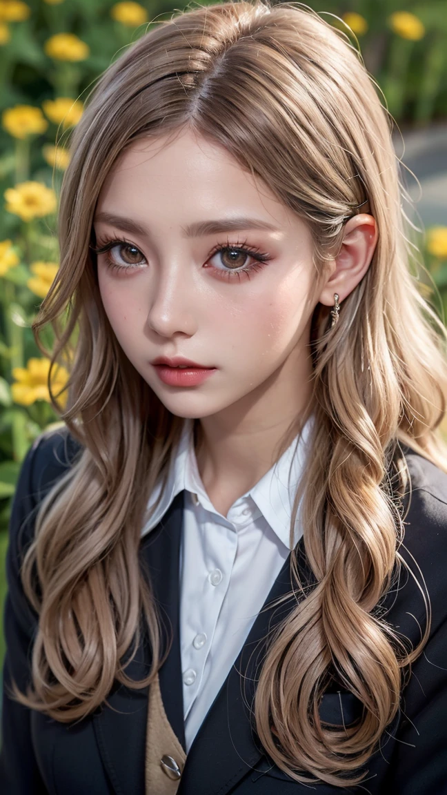 Realistic, masterpiece, Highest quality, Highest Resolution, Japanese , , Upper body photo, Looks sleepy, Spaced out, Open your mouth, Beautiful and detailed eye drawing, (Droopy eyes:1.3), Dark Eyes, Thin eyebrows, Draw eyelashes carefully, Eyelash extensions, Gal Makeup, Orange Cheeks, (White brown wavy hair, Long Hair, middle part:1.3), (Hidden eyelid wrinkles:1.3), (Gothic uniform, blazer:1.2), (The subject was photographed from above at an angle:1.3), (Flower Field:1.3), (Face close-up, Stand up and impress the crowd:1.5)