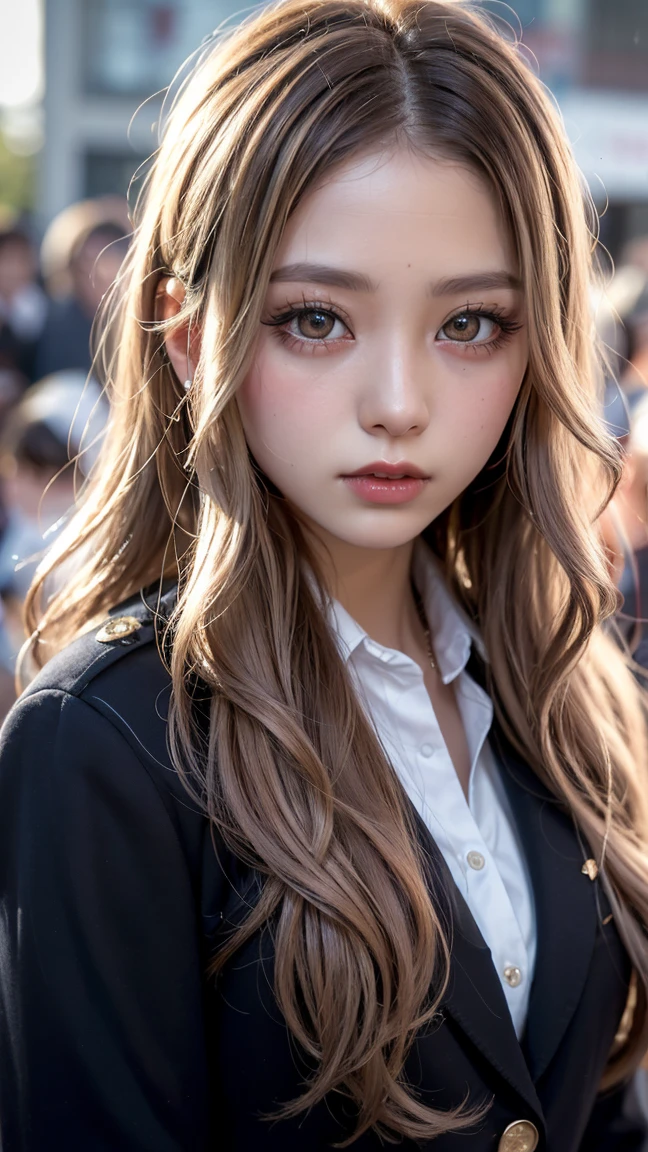 Realistic, masterpiece, Highest quality, Highest Resolution, Japanese , , Upper body photo, Looks sleepy, Spaced out, Open your mouth, Beautiful and detailed eye drawing, (Droopy eyes:1.3), Dark Eyes, Thin eyebrows, Draw eyelashes carefully, Eyelash extensions, Gal Makeup, Orange Cheeks,  (White brown wavy hair, Long Hair, middle part:1.3), (Hidden eyelid wrinkles:1.3), (Gothic uniform, blazer:1.2), (The subject was photographed from above at an angle:1.3), (Flower Field:1.3), (Face close-up, Stand up and impress the crowd:1.5)
