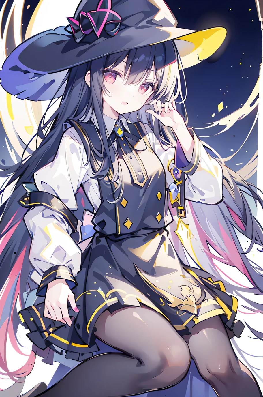 oung Girls,Humanity,A magician always smiles,big witch hat,cute,dark blue long hair,The eyes are dull,The bangs are heavy,Thin eyebrows,fantasy,intake,Double teeth,Star Theme,Constellation pattern,Solid color clothetal decoration,cloak,A bit of a dark atmosphere,A little crazy smile,When the big moon shines outside at night,blood,Hair black star embellishment,Short tie,No nails,High waist skirt,Bell sleeves,Long-sleeved shirt,Black tie,low risk,gentlemen。Mist、Yellow and white effect,Shocking pink as an accent color,Lie on the ground.