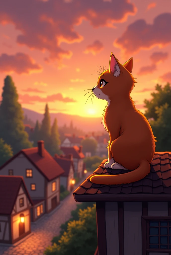 A peaceful, small town at dusk with a warm, orange-pink sky. In the foreground, a confident, orange-furred cat named Moka is sitting on the rooftop of a house, attentively watching over the quiet town. The town below has cozy houses with lights beginning to flicker on. Trees and cobblestone streets add to the serene atmosphere. The overall scene is calm and inviting, with a hint of the upcoming night, as the last rays of the sun illuminate Moka's fur.