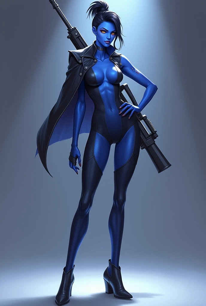 Create an image of Widowmaker from Overwatch 2, posed confidently with a slight smirk, giving a thumbs-up gesture. She should be in her classic blue skin, with her sniper rifle slung over her back. The background should be simple, allowing Widowmaker to stand out, and there should be a subtle glow or spotlight effect to emphasize her as the 'right choice' for the game. The overall tone of the image should be cool and stylish, fitting Widowmaker's character.