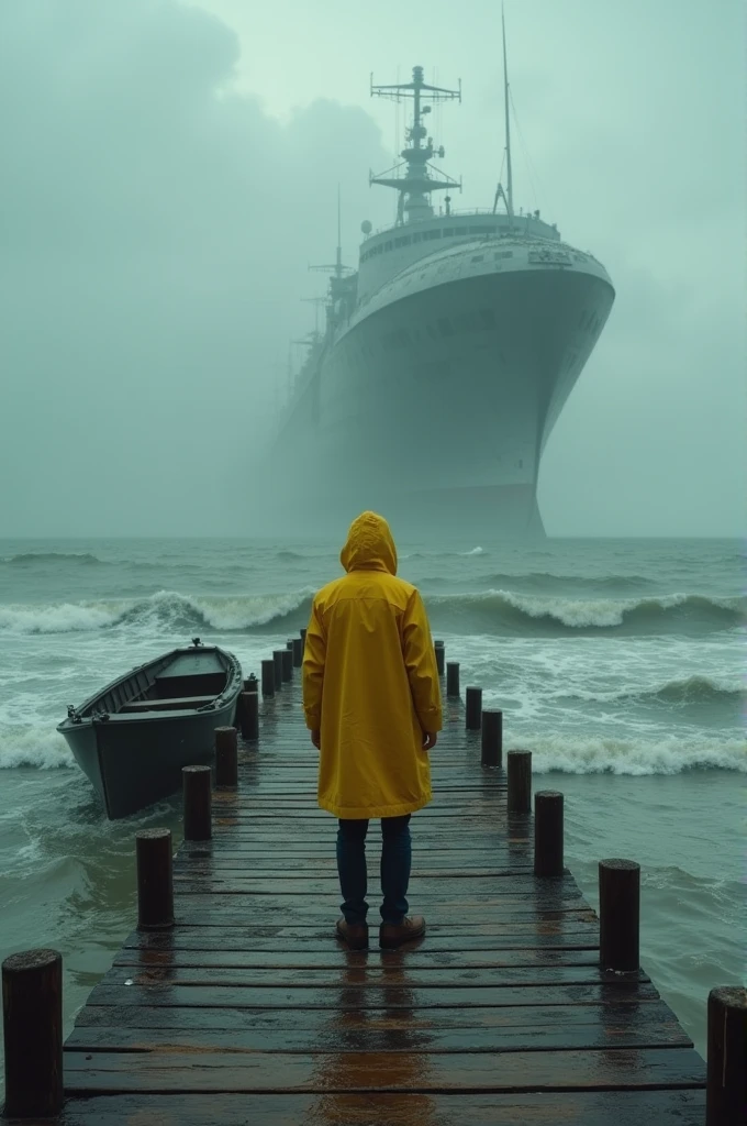 A man from behind wearing a yellow raincoat standing on a pier, a wooden boat on the left side of the pier, a giant spaceship sinking into the sea