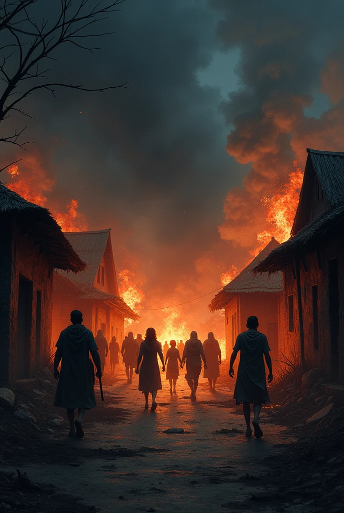 Burnt huts and people running in the dark of night