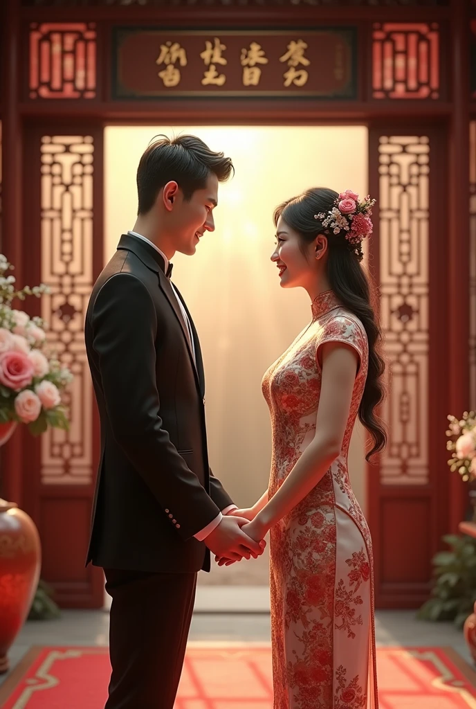 Art wedding one man and one girls,the baground is shanghai house and wearing chiongsam and tradisional chinese dress
