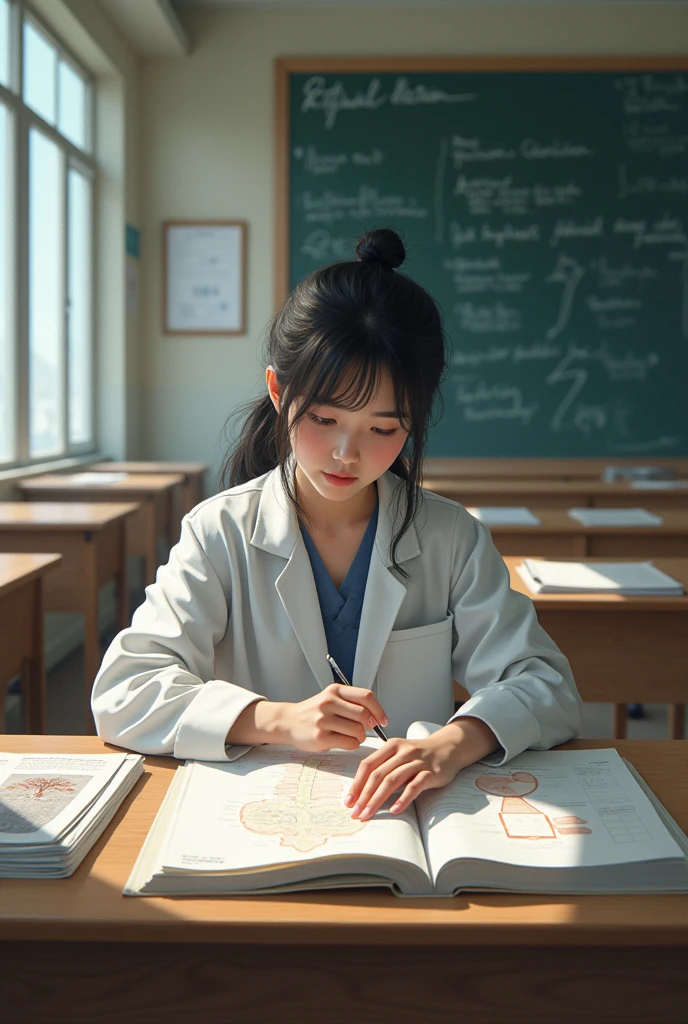 A young Japanese woman is in a classroom. She is studying the digestive system.