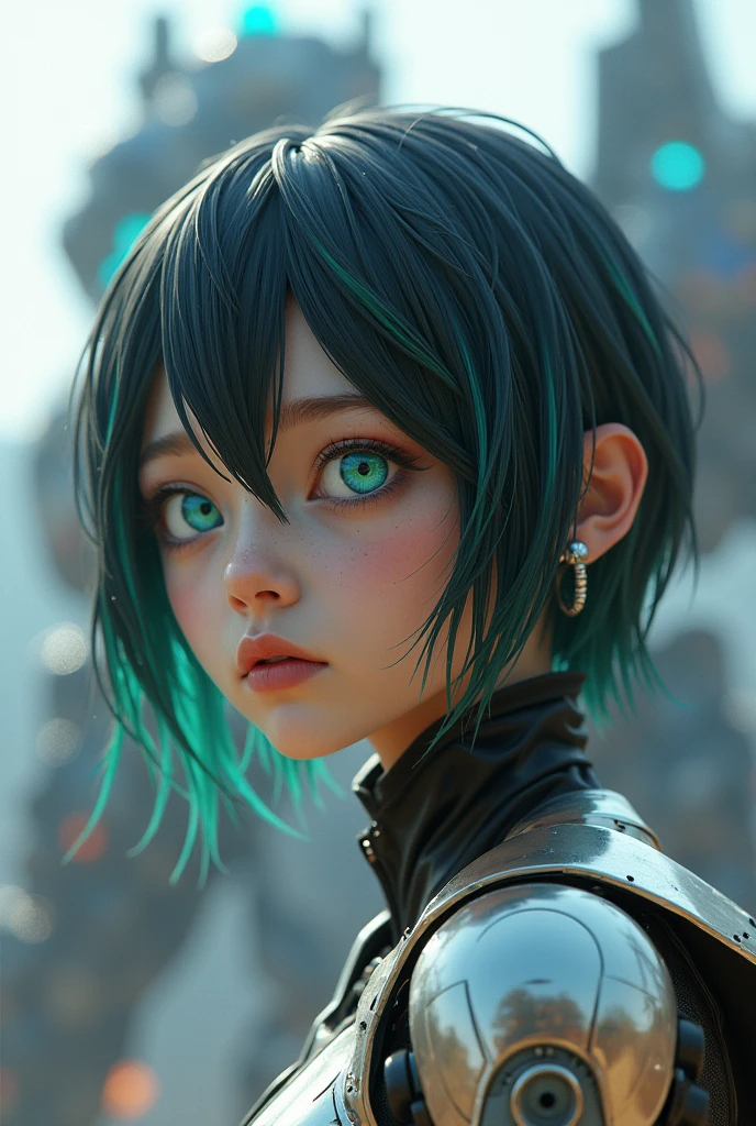 A girl in a Transformers setting, AI Ohto, high quality, detailed, 1 girl, upper body, AI Ohto R4 model, short hair, heterochromia, Optimus Prime, masterpiece, highres