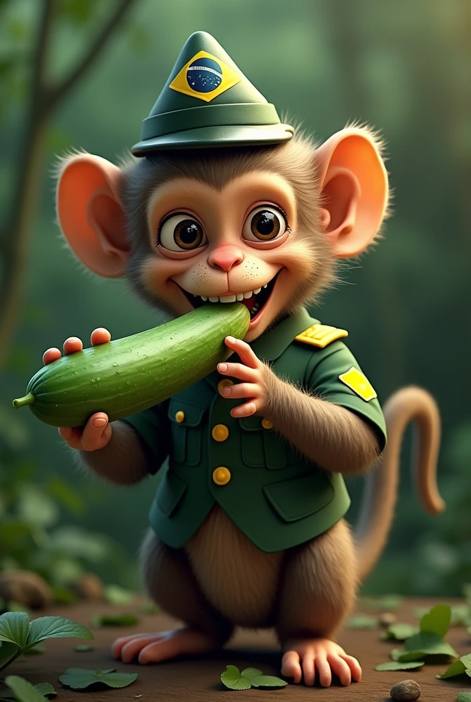Monkey in Brazilian army uniform eating cucumber