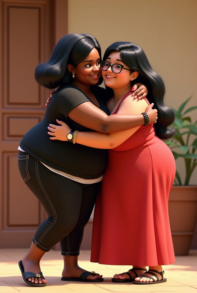 (Photorealism:1.2) disney pixar 3d image, two friends hugging, The first woman, dark-skinned, chubby, short hair to the shoulder, In the black color, White color blouse, jeans preto, flip flop, and watch on the wrist; And the other woman, white-skinned, slim, hair long black, redgown, black sandal, Eyeglasses, pulseira and watch on the wrist