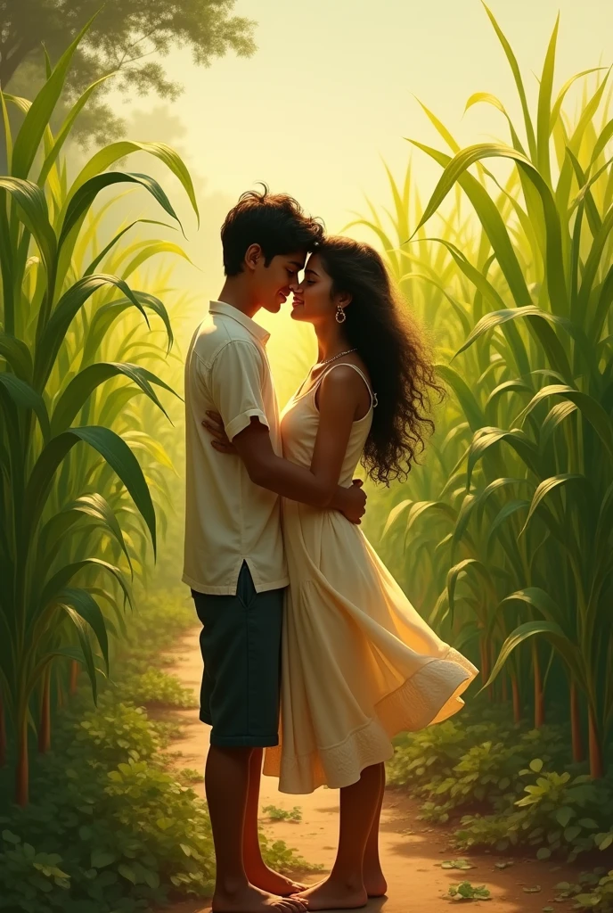 A boy and a girl are kissing in a sugarcane field indian picture