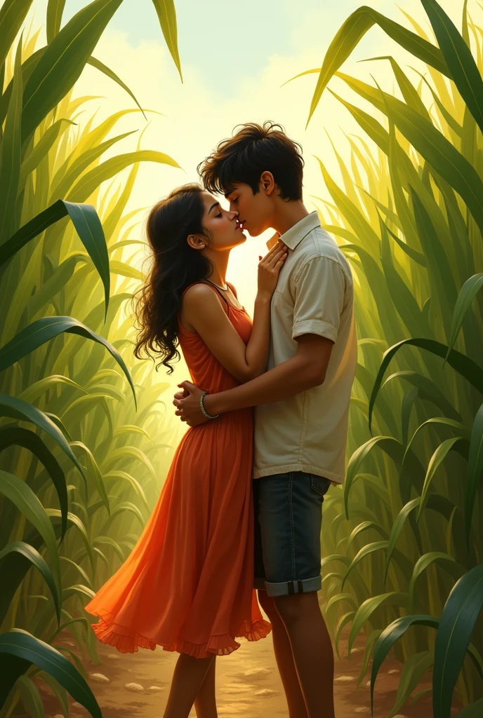 A boy and a girl are kissing in a sugarcane field indian picture