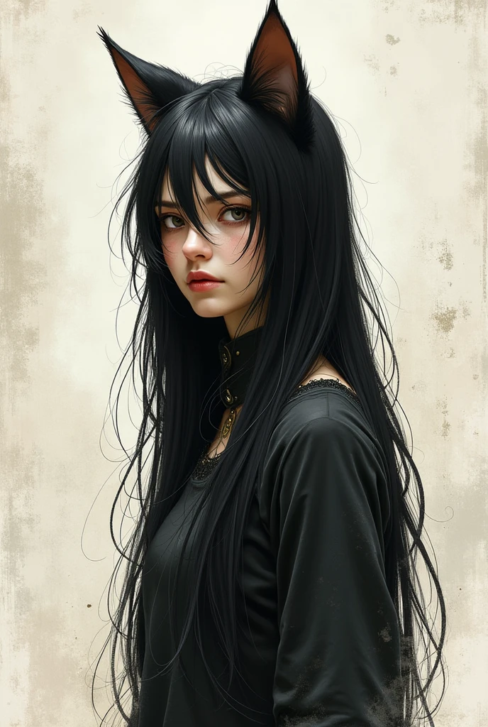 With cat ears、Black Hair、Rough style、An illustration