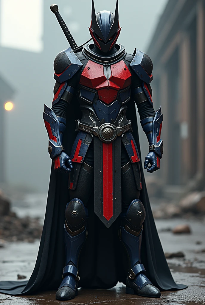 Realistic kamen rider in real life with full body armor. Full coated body armor. Colour red stripe, blue stripe and mainly black. Front, back and side angle. And a helmet that looks like a knight. No belt. And a sword on the back.