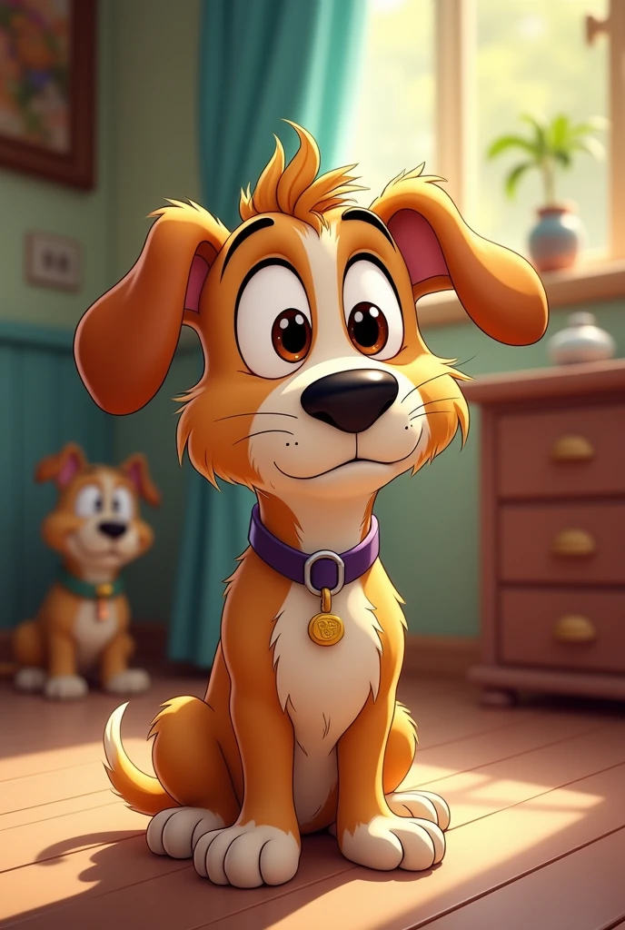 Create a Disney animation with a dog with a confused expression coughing a lot 
