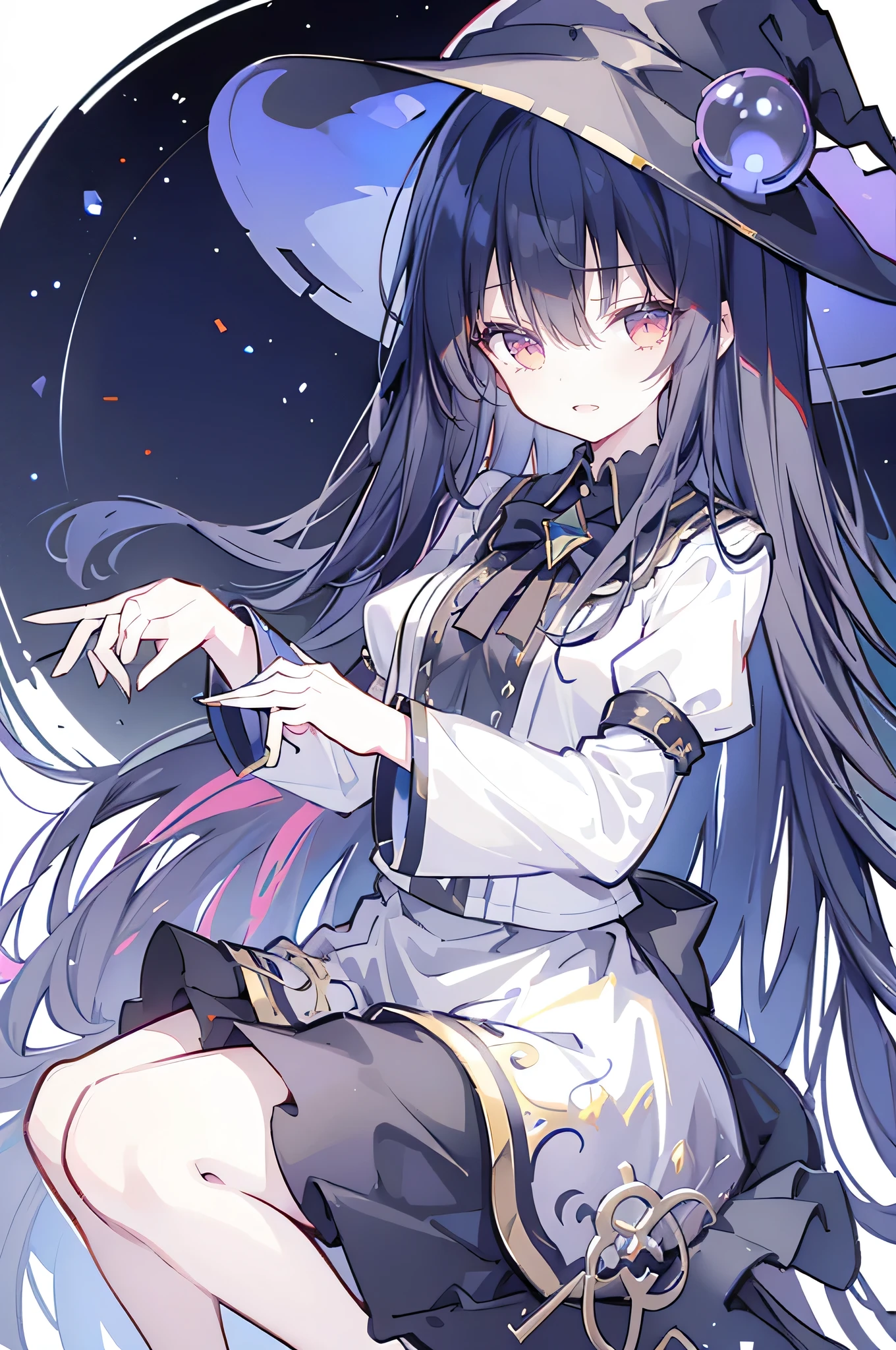 oung Girls,Humanity,A magician always smiles,big witch hat,cute,dark blue long hair,The eyes are dull,The bangs are heavy,Thin eyebrows,fantasy,intake,Double teeth,Star Theme,Constellation pattern,Solid color clothetal decoration,cloak,A bit of a dark atmosphere,A little crazy smile,When the big moon shines outside at night,blood,Hair black star embellishment,Short tie,No nails,High waist skirt,Bell sleeves,Long-sleeved shirt,Black tie,low risk,gentlemen。Mist、Yellow and white effect,Shocking pink as an accent color,Lie on the ground.
