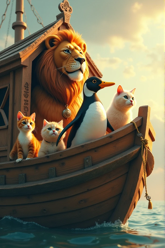 An ark a lion a duck a penguin a chicken a cat