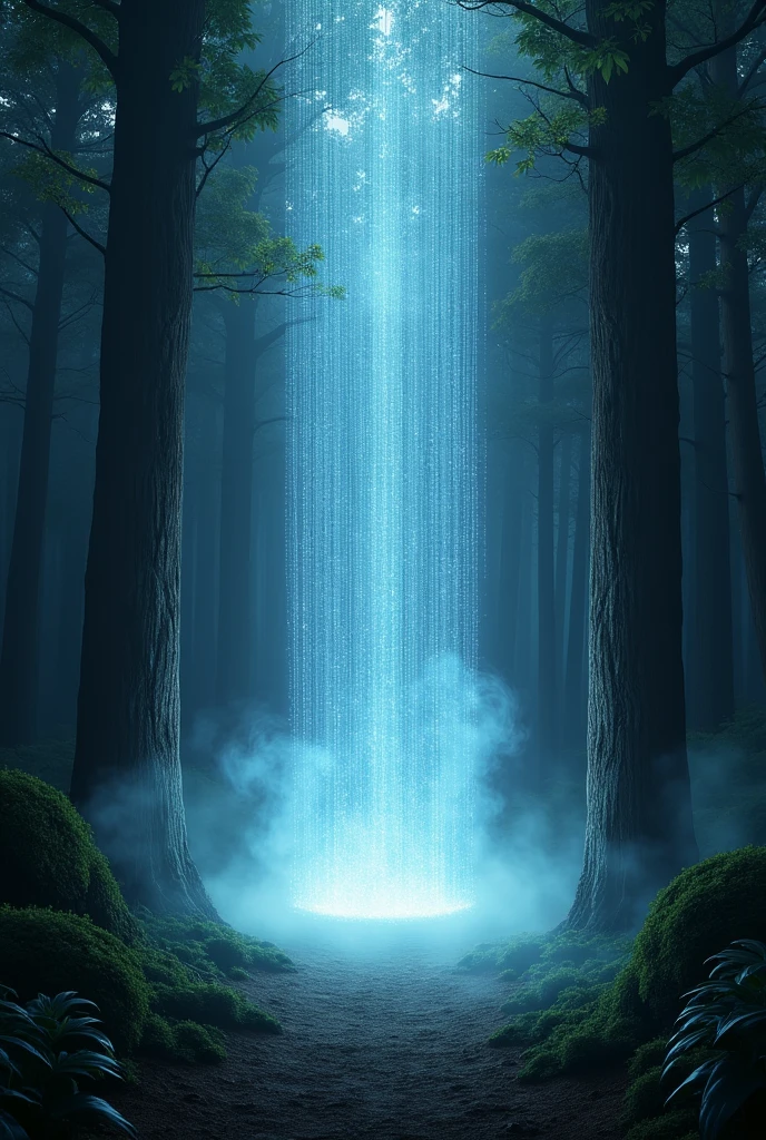 An ethereal barrier glowing with soft, pulsating light, situated between ancient, towering trees in a dense forest. The Veil appears as a semi-transparent curtain of shimmering, silver-blue energy. Mist swirls around the base, and the light seems to whisper with an almost musical quality. The forest is dark but illuminated by the Veil's glow, creating a contrast of light and shadow.
