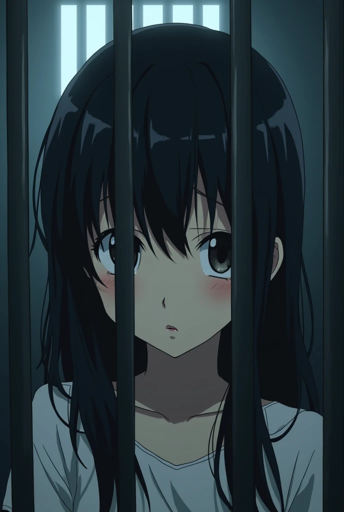 anime girl with black hair behind prison bars