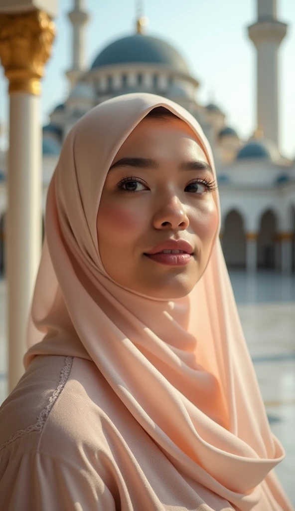 photo of a beautiful sundanese mature woman, 4, white skin, wearing pastel hijab. Background mosque