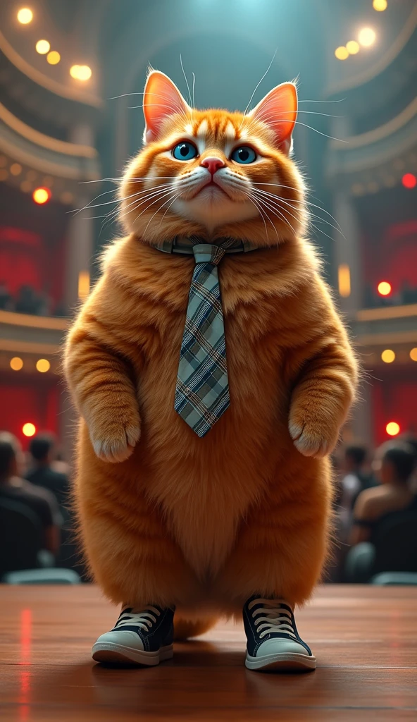 Make a picture of a fat obese orange cat, blue eyes, wear cool clothes, tie, sport shoes, at a singing concert, facing the camera, with the backdrop of a magnificent concert stage, full body, wide, super realistic 8k images