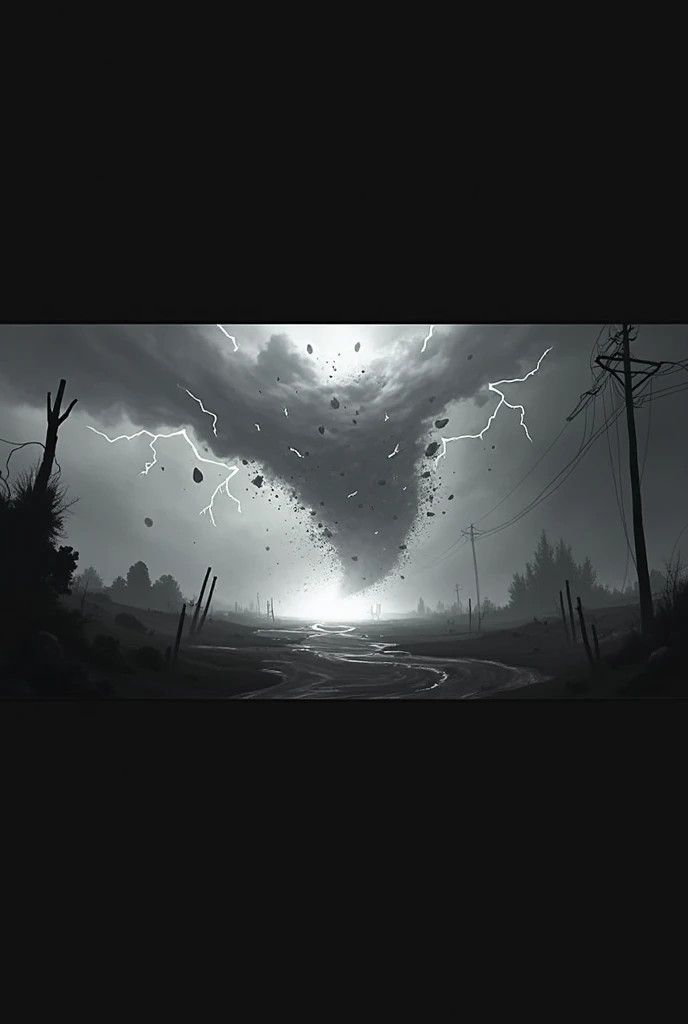a lot of chaos, inside the tornado, BLACK AND WHITE COLORS, and very bright rays, Strong storm and much more chaos, floating things and more rays, stripes with energy, clouds, destruction