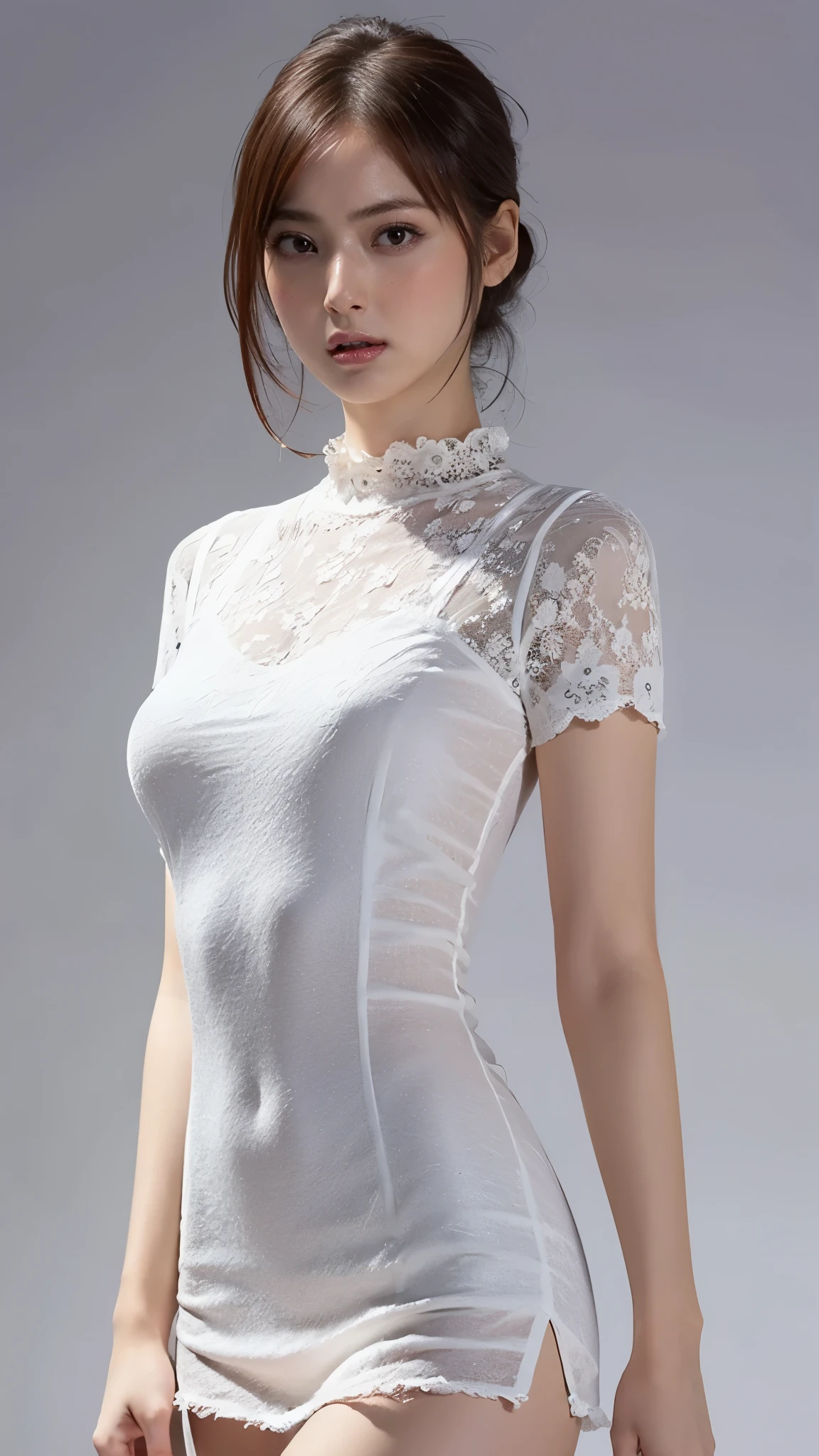 Highest quality,masterpiece,Ultra-high resolution,(Actual:1.4),Original photo,Ultra-high resolution,8K,There are also women,Fair skin、Transparent short-sleeved one-piece white dress
Long legs:1.5,Bright and beautiful,high waist,Flashy makeup,Gray background,